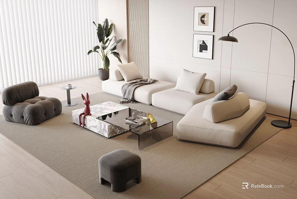 Modern Beige Sofa And Glass Coffee Table Combination With Area Rug Potted Plant Wall Art 3d model 