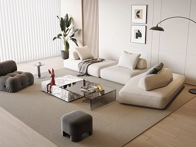 Modern Beige Sofa And Glass Coffee Table Combination With Area Rug Potted Plant Wall Art 3d model