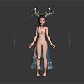 Fantasy Female Character With Deer Antlers White Top And Teal Decorative Skirt Standing Barefoot In Dark Background