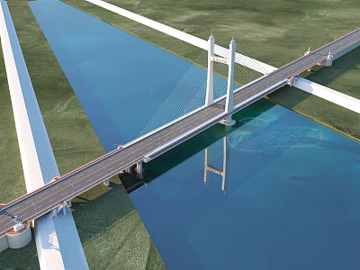 Cable Stayed Bridge Spanning Blue River With White Pylons Green Grass And Water Reflection 3d model