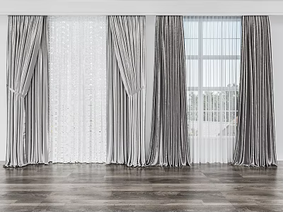 Velvet And Sheer Curtains In Modern Interior By Window On Wooden Floor 3d model