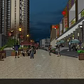 Vibrant Night Commercial Street With Tall Buildings Street Lamps Pedestrians Shops Red Lanterns And Seats