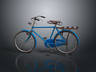 Vintage Blue Bicycle With Brown Leather Seat Front Light And Rear Rack 3d model