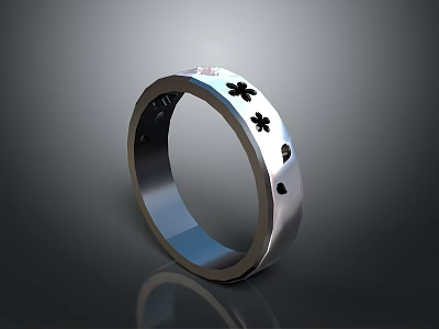 Sleek Silver Ring With Black Flower Patterns And Smooth Surface For Daily Use 3d model