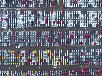 Aerial View Of Large Parking Lot With Neatly Arranged Various Colored Cars In Rows 3d model