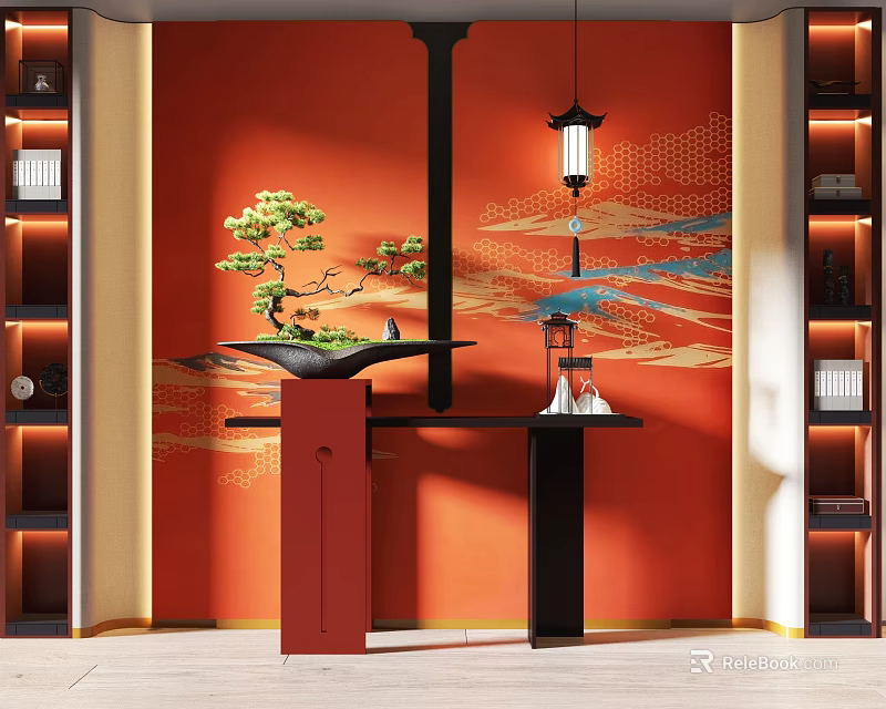 Elegant Chinese Modern Interior Console Table With Red Patterned Wall Bonsai Plant And Lantern Light 3d model