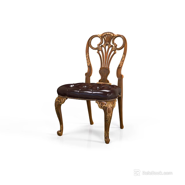 Classical Accent Chair With Carved Wooden Frame Gold Accents Curved Legs And Dark Leather Cushion 3d model 