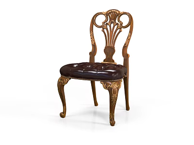 Classical Accent Chair With Carved Wooden Frame Gold Accents Curved Legs And Dark Leather Cushion 3d model