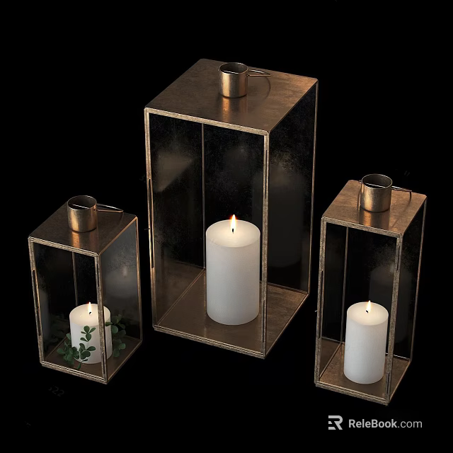 Lit White Candles in Metal Frame Candle Lanterns with Transparent Panels and Greenery 3d model 