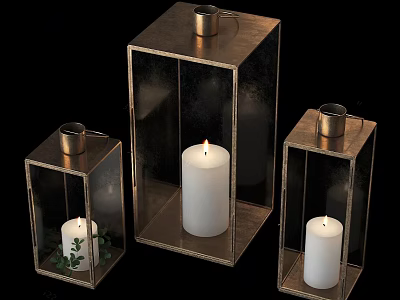Lit White Candles in Metal Frame Candle Lanterns with Transparent Panels and Greenery 3d model