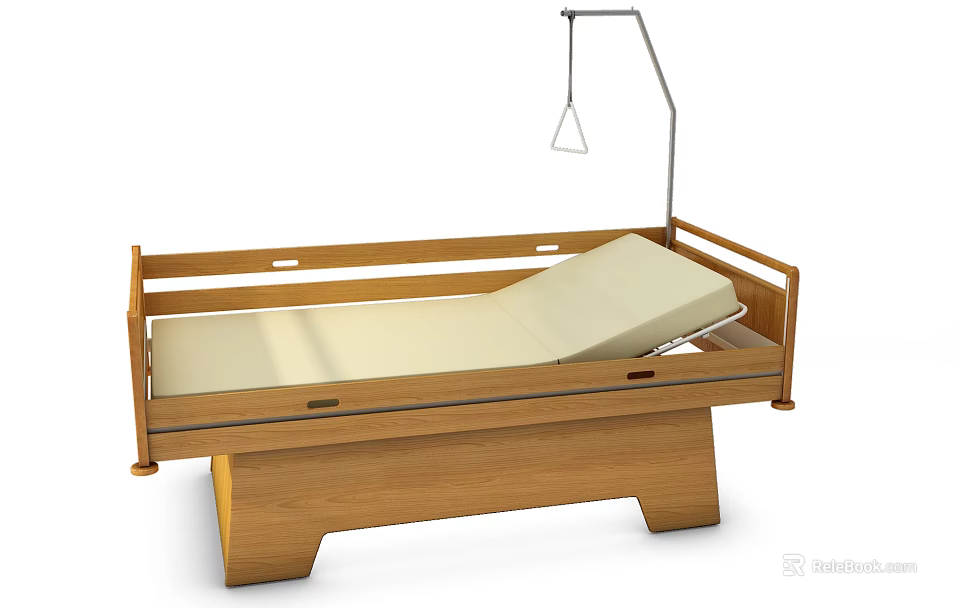 Medical Hospital Bed with Wooden Frame Adjustable Mattress and IV Pole 3d model 
