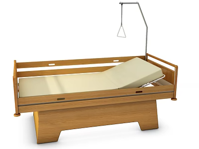Medical Hospital Bed with Wooden Frame Adjustable Mattress and IV Pole 3d model