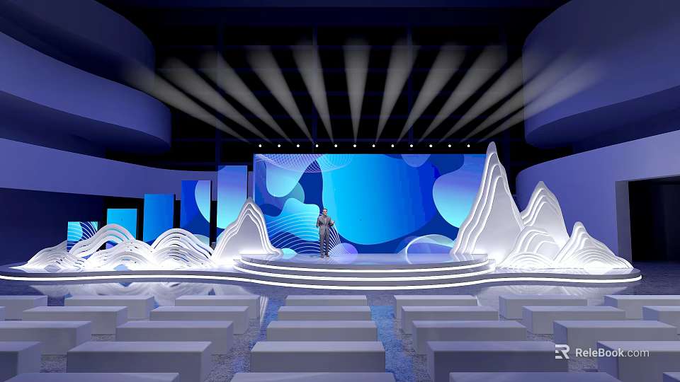 Modern Stage Design With Mountain Decor Blue Lighting And Seats 3d model