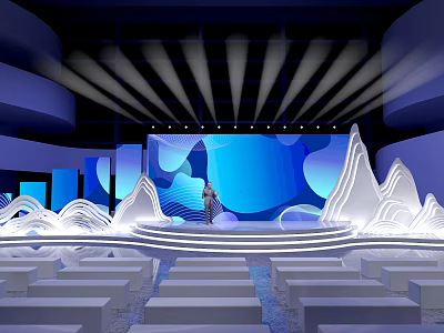 Modern Stage Design With Mountain Decor Blue Lighting And Seats 3d model