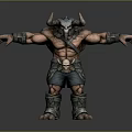 Muscular Horned Demon Warrior With Skull Decorated Armor And Bracers Standing On Dark Background