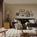 Classic Living Room Featuring Black Leather Sofa Coffee Table Armchair Rug Wall Art And Chandelier
