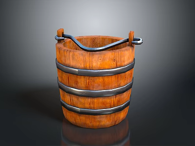 Vintage Wooden Bucket With Metal Hoops And Curved Handle Design 3d model