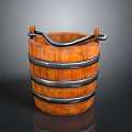 Vintage Wooden Bucket With Metal Hoops And Curved Handle Design