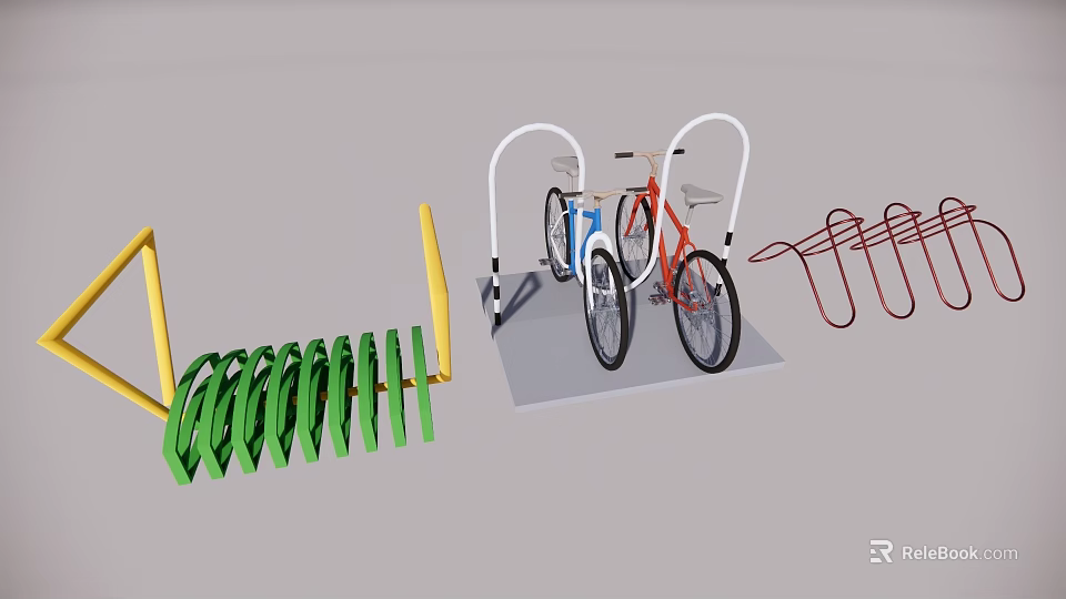 Bicycles Parked On Colorful Racks With Green Yellow Red Metal Structures 3d model 