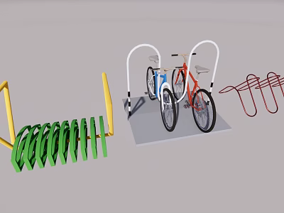 Bicycles Parked On Colorful Racks With Green Yellow Red Metal Structures 3d model
