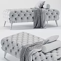 Tufted Gray Sofa Bench With Gold Legs Yellow Blanket And Blue Cushion