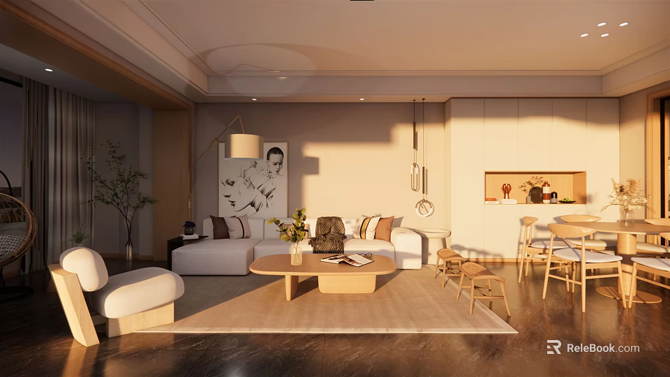 Modern Living And Dining Room Interior With Sofa Coffee Table And Dining Chairs 3d model 