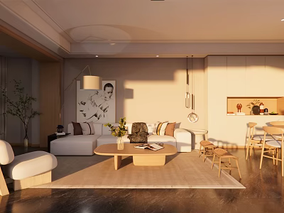 Modern Living And Dining Room Interior With Sofa Coffee Table And Dining Chairs 3d model