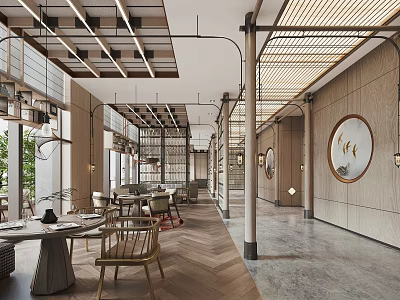 Modern Restaurant Interior With Wooden Decor And Herringbone Flooring 3d model