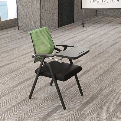 Office Chair With Green Mesh Backrest Black Seat Cushion Foldable Table Tray And Metal Frame 3d model