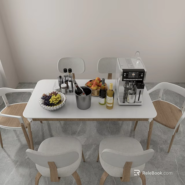 Modern White Dining Table Set With White Chairs Fruit Platter And Coffee Machine 3d model 