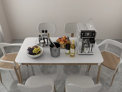 Modern White Dining Table Set With White Chairs Fruit Platter And Coffee Machine 3d model