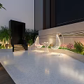 Elegant Modern Restaurant Outdoor Terrace With Greenery And Ambient Lighting Seating Area