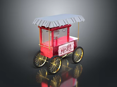 Red Popcorn Food Cart With White Awning And Gold Wheels Transparent Windows 3d model