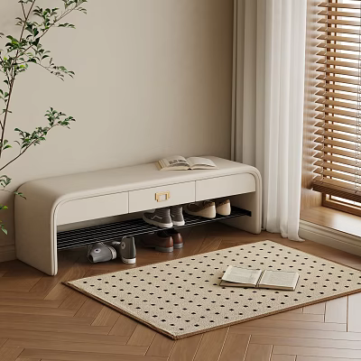 Modern Upholstered Shoe Bench With Lower Shelf Holding Shoes And Floor Mat In Entryway 3d model