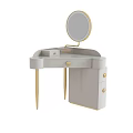 Modern Light Grey Vanity Table With Gold Accents Round Mirror And Drawers