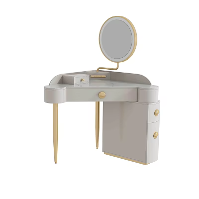 Modern Light Grey Vanity Table With Gold Accents Round Mirror And Drawers 3d model