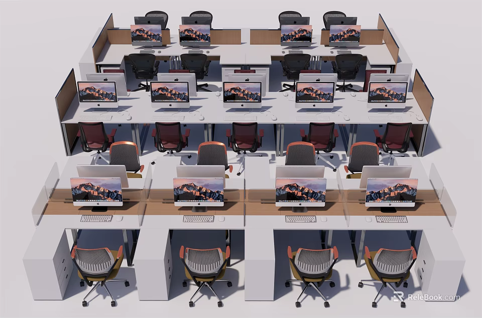 Modern Office Workstations With Multiple Desks Computer Monitors And Ergonomic Chairs 3d model 