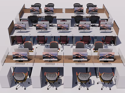 Modern Office Workstations With Multiple Desks Computer Monitors And Ergonomic Chairs 3d model