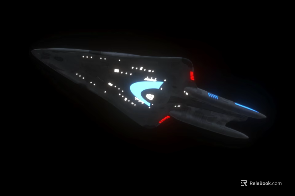 Advanced Futuristic Spaceship Structure With Illuminated Windows Blue Red Lights 3d model