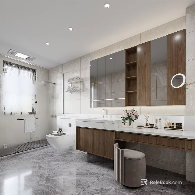 Modern Bathroom Interior With Large Mirror Wooden Cabinets And Marble Countertop 3d model 