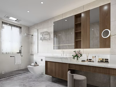 Modern Bathroom Interior With Large Mirror Wooden Cabinets And Marble Countertop 3d model