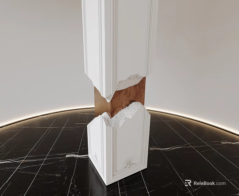 White Carved Sculpture with Broken Middle Revealing Brown Interior on Black Marble Floor and Lighting 3d model 