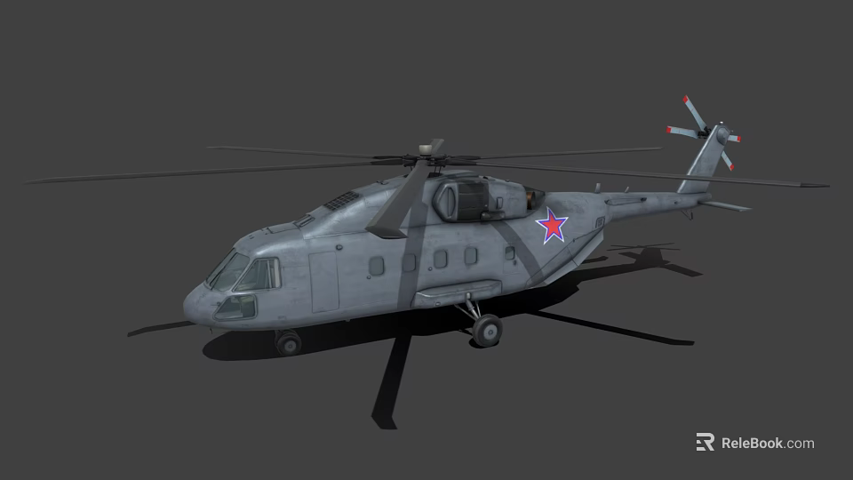 Gray Military Helicopter With Red Star Logo And Rotors On 3d model 