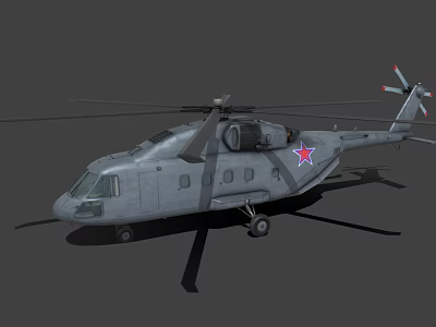 Gray Military Helicopter With Red Star Logo And Rotors On 3d model