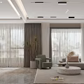 Modern Living Dining Room Interior With Gray Cabinets Dining Table Chairs Fireplace And Shelves