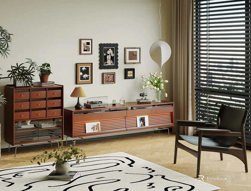 Retro Wooden TV Stand with Table Lamp Photo Frames and Potted Plants in Cozy Living Room Interior 3d model 
