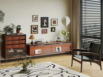 Retro Wooden TV Stand with Table Lamp Photo Frames and Potted Plants in Cozy Living Room Interior 3d model