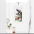 Peacock Animal Painting Framed With Red Flowers Hanging On White Wall In Modern Interior