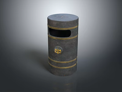 Sturdy Cylindrical Dark Metal Trash Can With Golden Decorative Stripes And Logo 3d model