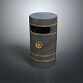 Sturdy Cylindrical Dark Metal Trash Can With Golden Decorative Stripes And Logo